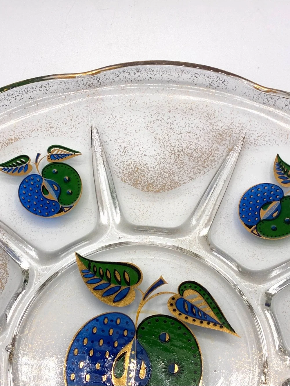 Vintage Georges Briard Divided Glass Serving Tray Gold Blue Green Fruit MCM